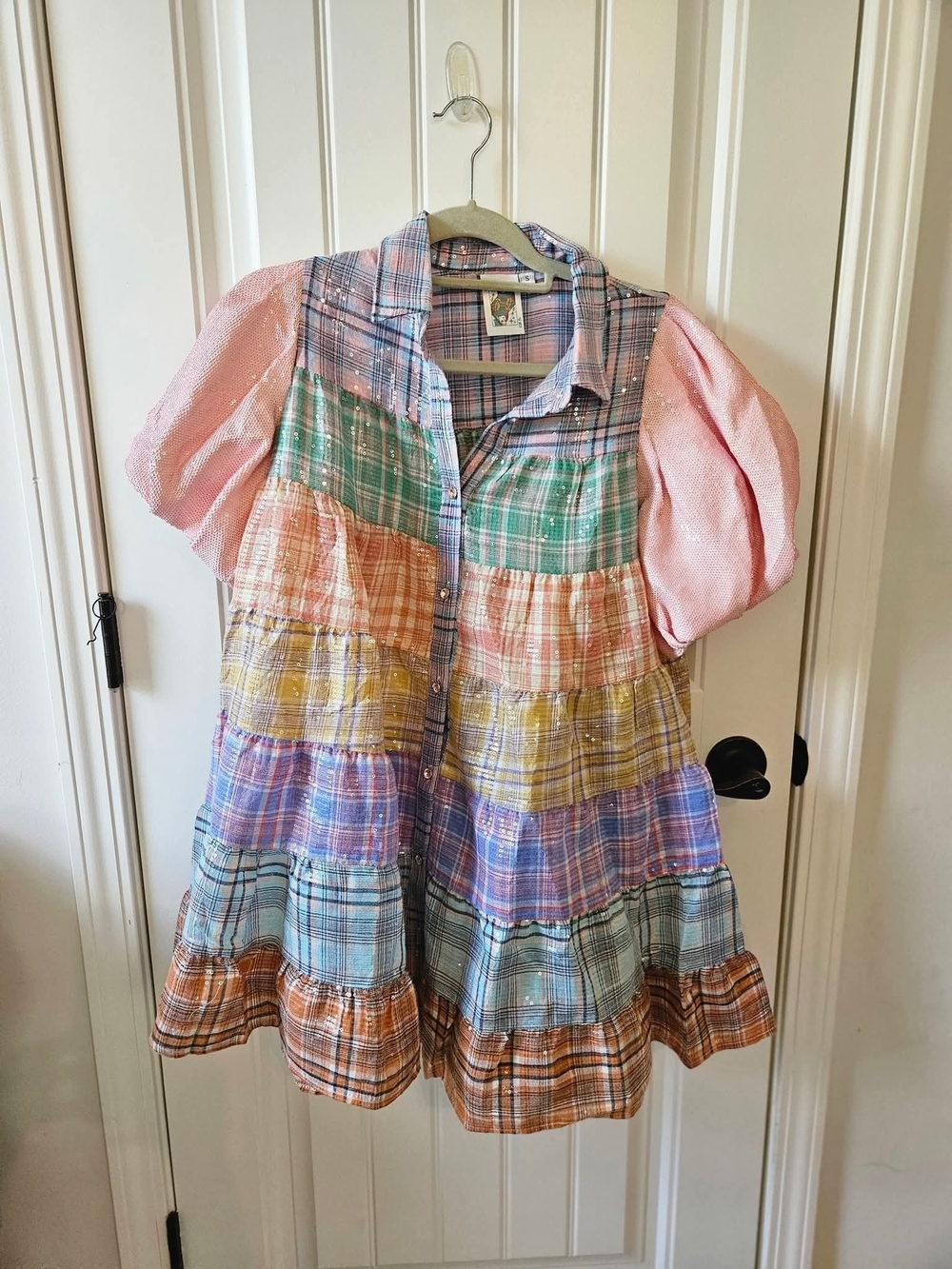 QUEEN OF SPARKLES Pastel Multi-Color Plaid Tiered Dress with Pink Puff Sleeves